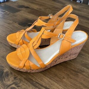 Etienne Aigner Orange Cork Wedge Sandals. Size 10. Ankle buckle. 3.75” heel.